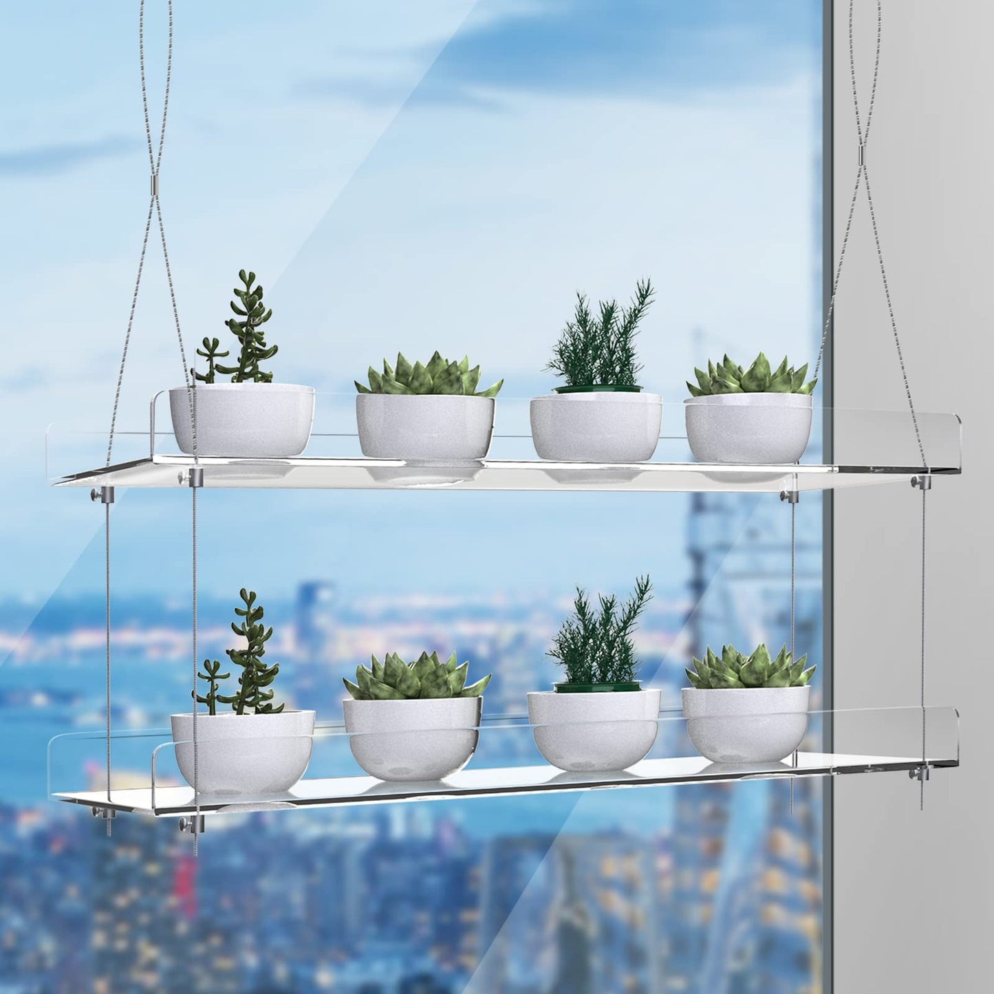 ZerzSemp 2-Pack Adjustable Clear Acrylic Plant Stands for Windows – 16" Transparent Hanging Window Plant Racks for Indoor Garden, Herbs, or Home Decor in Kitchen & Bedroom