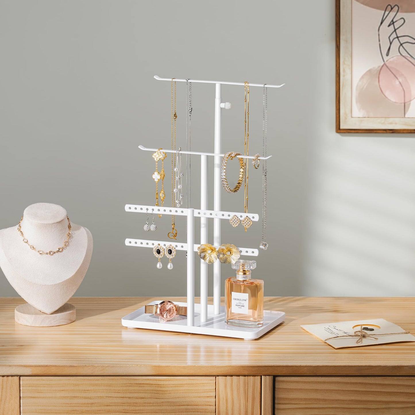 susswiff Jewelry Holder Organizer Stand - Adjustable Jewelry Tree 17.5" Height (Max), Jewlery Hanger for Necklaces, Bracelets, Earrings, Stainless, White