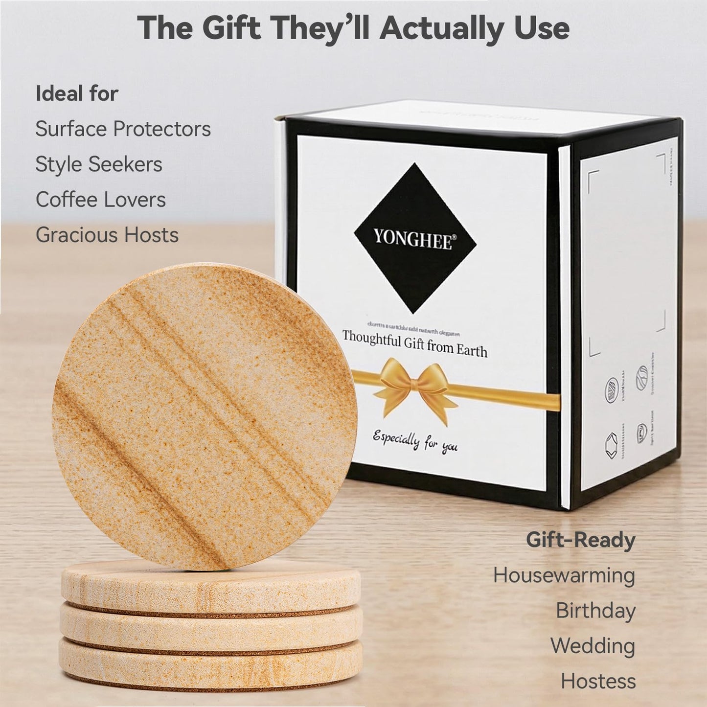 Natural Sandstone Coasters Set of 4, 4" Round Matte Absorbent Stone Coasters with Cork Bottom - No Water Rings, Heat Resistant, Non-Slip, Scratch-Resistant - Ideal for Coffee Table, Gift Ready