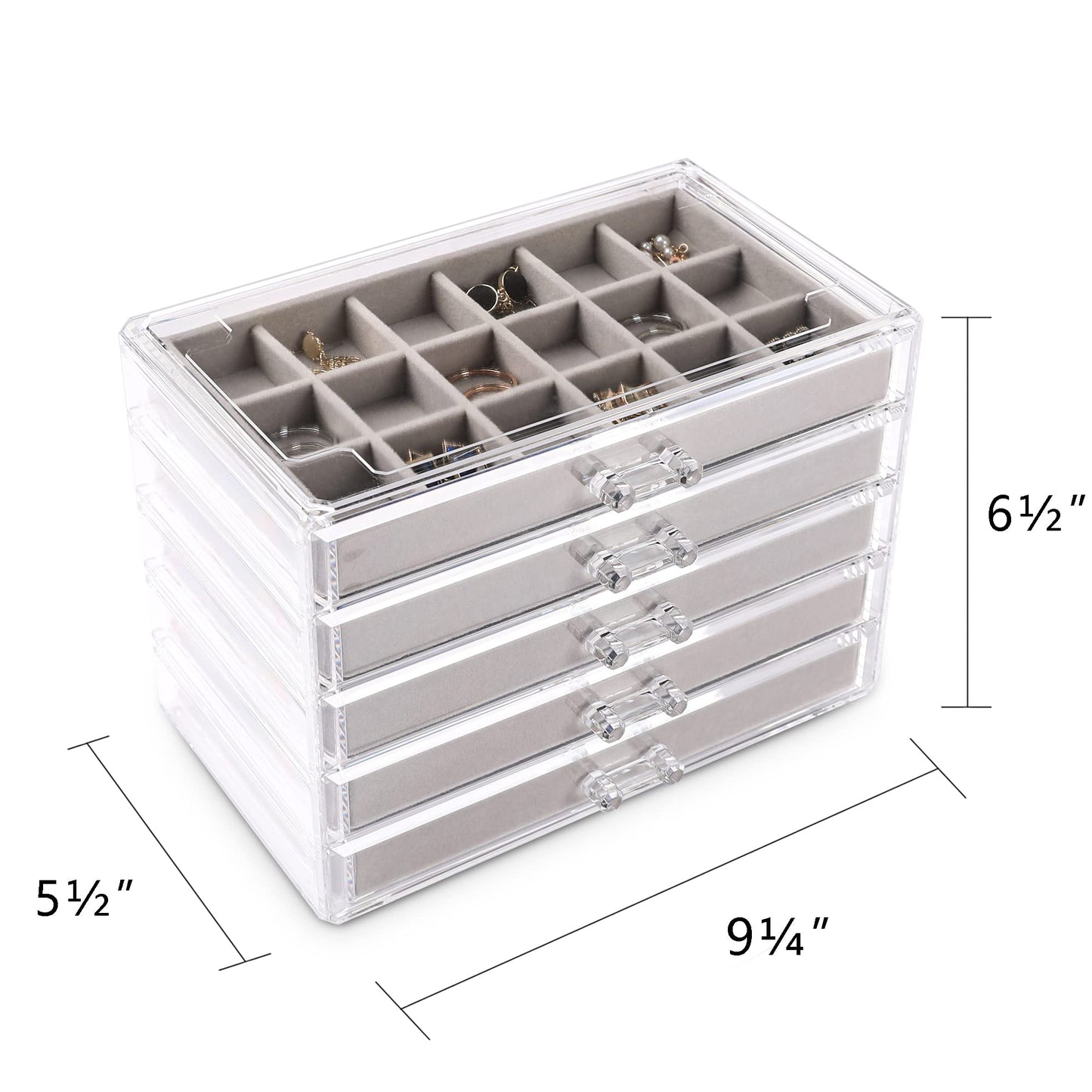 Frebeauty Acrylic Jewelry Organizer Earring Organizer Box with 5 Drawers Earring Holder Organizer with Velvet Trays Clear Jewelry Box for Women Earring Display for Rings Studs(Grey)