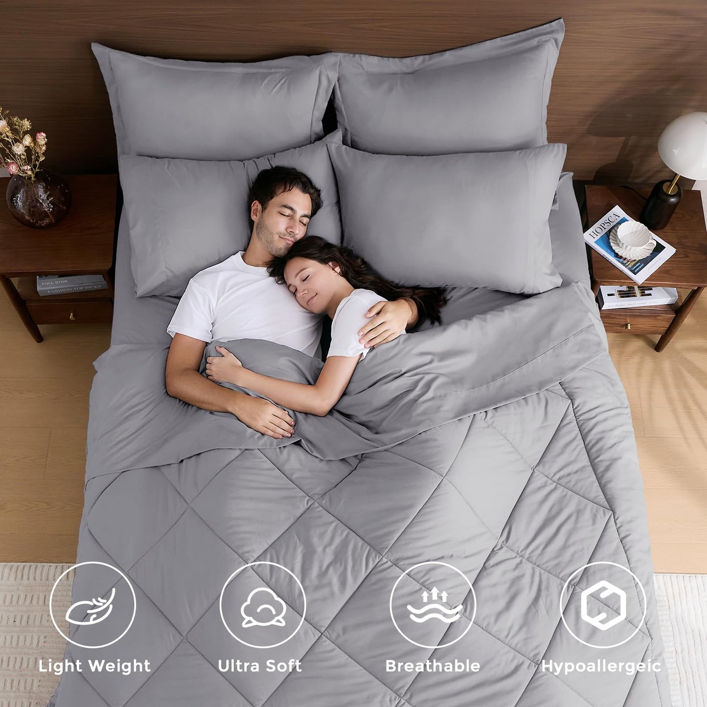 HEVUMYI Light Grey Queen Comforter Set - 7-Piece All Season Bed in a Bag Queen, Ultra Soft Bedding Set with Comforter, Flat Sheet, Fitted Sheet, Pillowcases, Pillow Shams, Light Gray