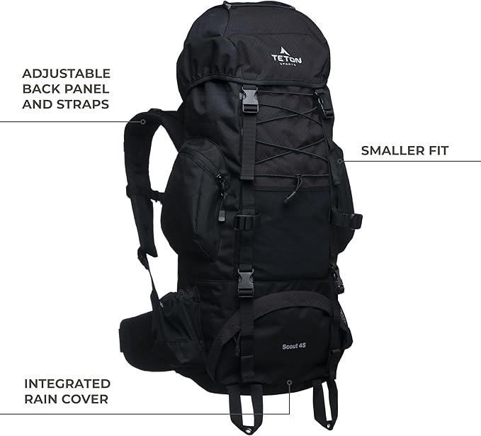 Teton 55L Scout Internal Frame Backpack for Hiking, Camping, Backpacking, Travel, Rain Cover Included, Huckleberry