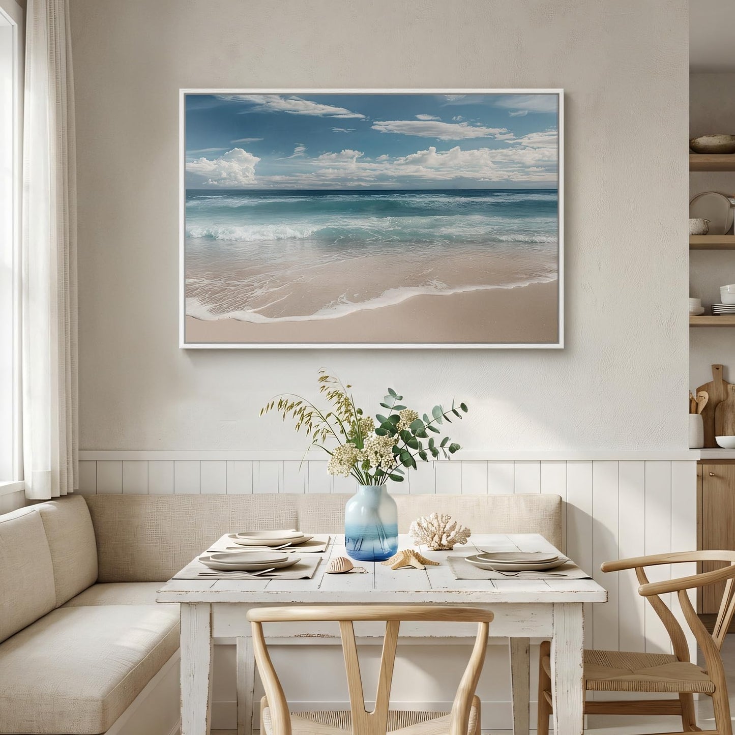 Framed Coastal Beach Wall Art for Room Decor, Blue Ocean Seascape Canvas Artwork for Walls, Nature Nautical Cozy Landscape Picture Print Beach House Wall Decor for Living Room Bedroom Hallway, 24x36