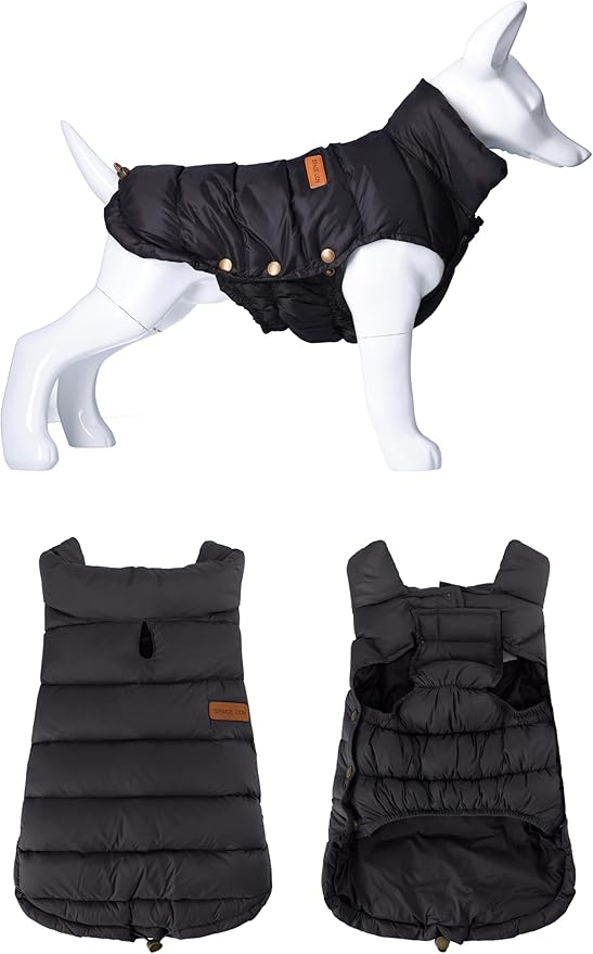 SPACE LION Dog Puffer Jacket, Down Winter Coat, Durable Outdoor Coat for Cold and Windy Conditions, Lightweight & Adjustable Fit Coats for Small & Medium Dogs, (Onyx Black, Size 12 Gift Box)