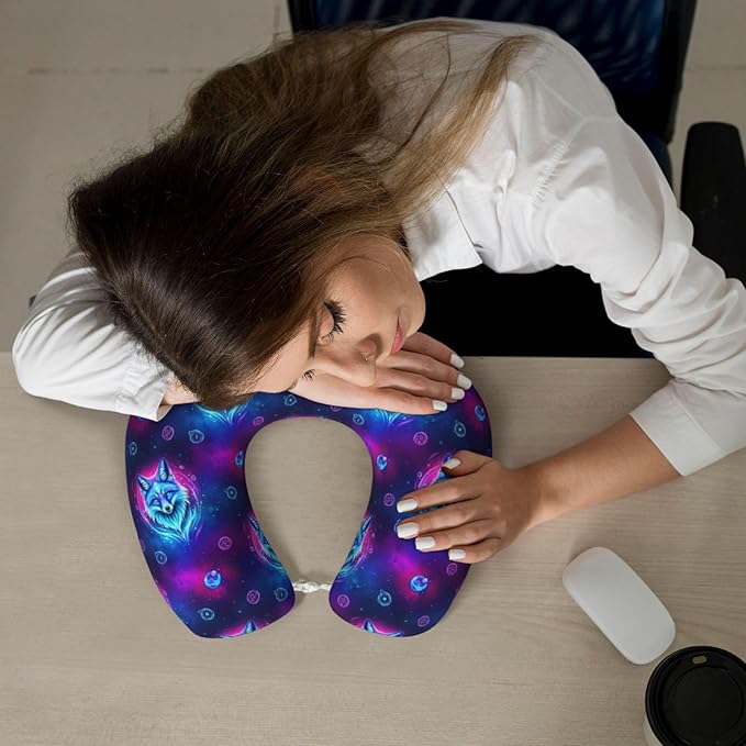 Travel Neck Pillow for Pain Relief Sleeping, Purple Blue Fox Galaxy Starry Sky, Comfortable Memory Foam Chin Head Cushion Support with Zip Cover, Fashion Car Flight Pillows