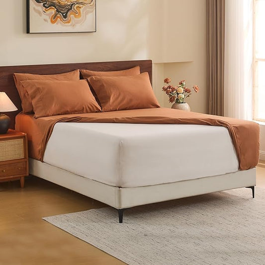 MEISHANG 100% French Pure Linen Sheets Queen Size - Extra Deep Pocket Sheet Set, Soft Durable Flax Linen, Anti-Tear Breathable & Oeko-Tex Certified 18-24 Deep Pocket,All Season(Brown)