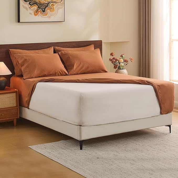 MEISHANG 100% French Pure Linen Sheets King Size - 6 PC Extra Deep Pocket Sheet Set, Soft Durable Flax Linen, Anti-Tear Breathable & Oeko-Tex Certified 18-24 Deep Pocket,All Season(Orange)