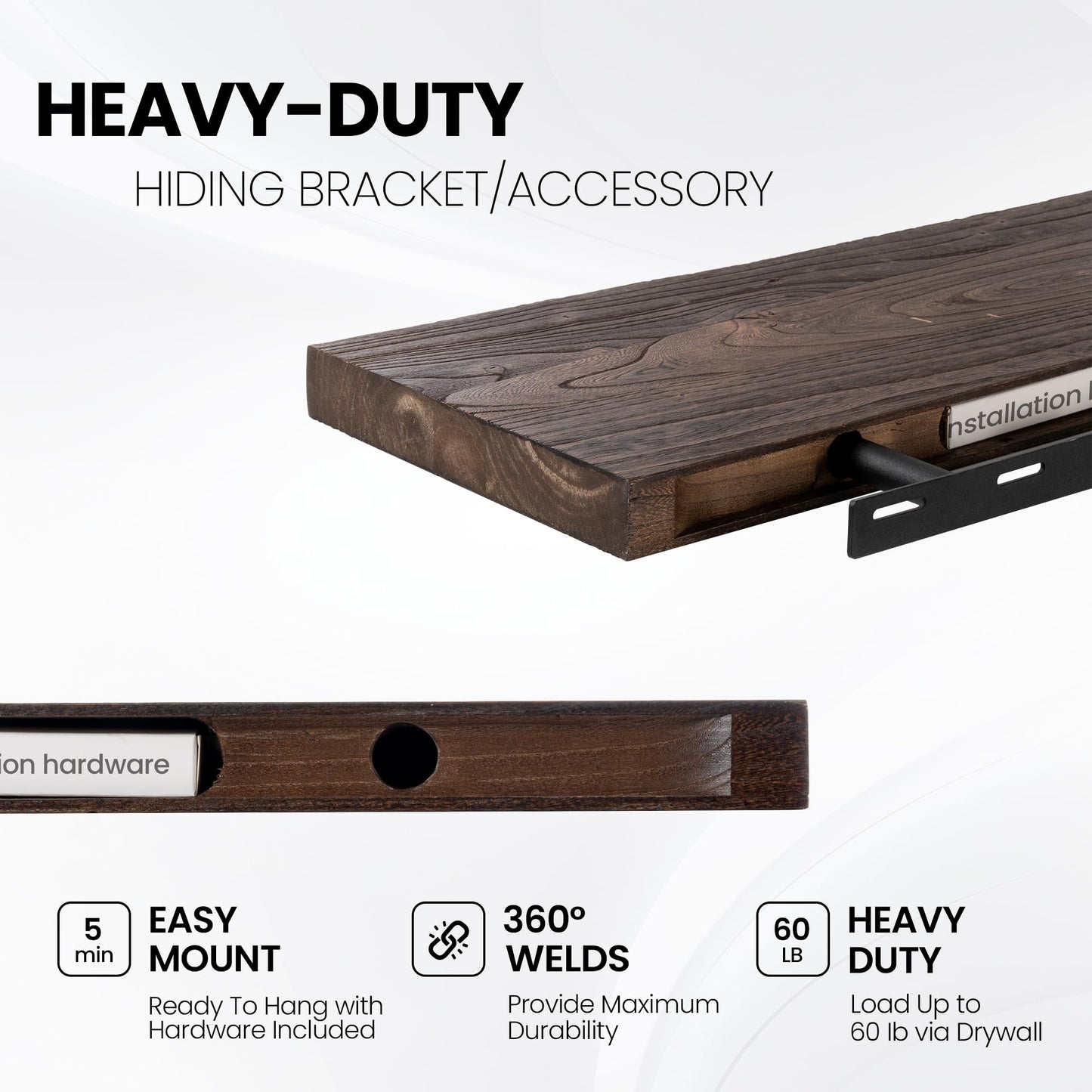 Fun Memories 55" Floating Shelves for Wall, Rustic Solid Elm Wood Floating Shelf - Invisible Bracket Mount, Extra Long Wall Mounted Shelf for Living Room, Bathroom, Bedroom, Kitchen, Walnut