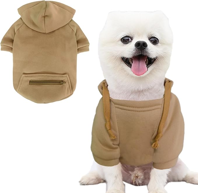 Jecikelon Pet Dog Cold Weather Coat with Pocket Winter Dog Hoodie Warm Puppy Clothes for Small Dogs Chihuahua Clothing (Khaki, Large)