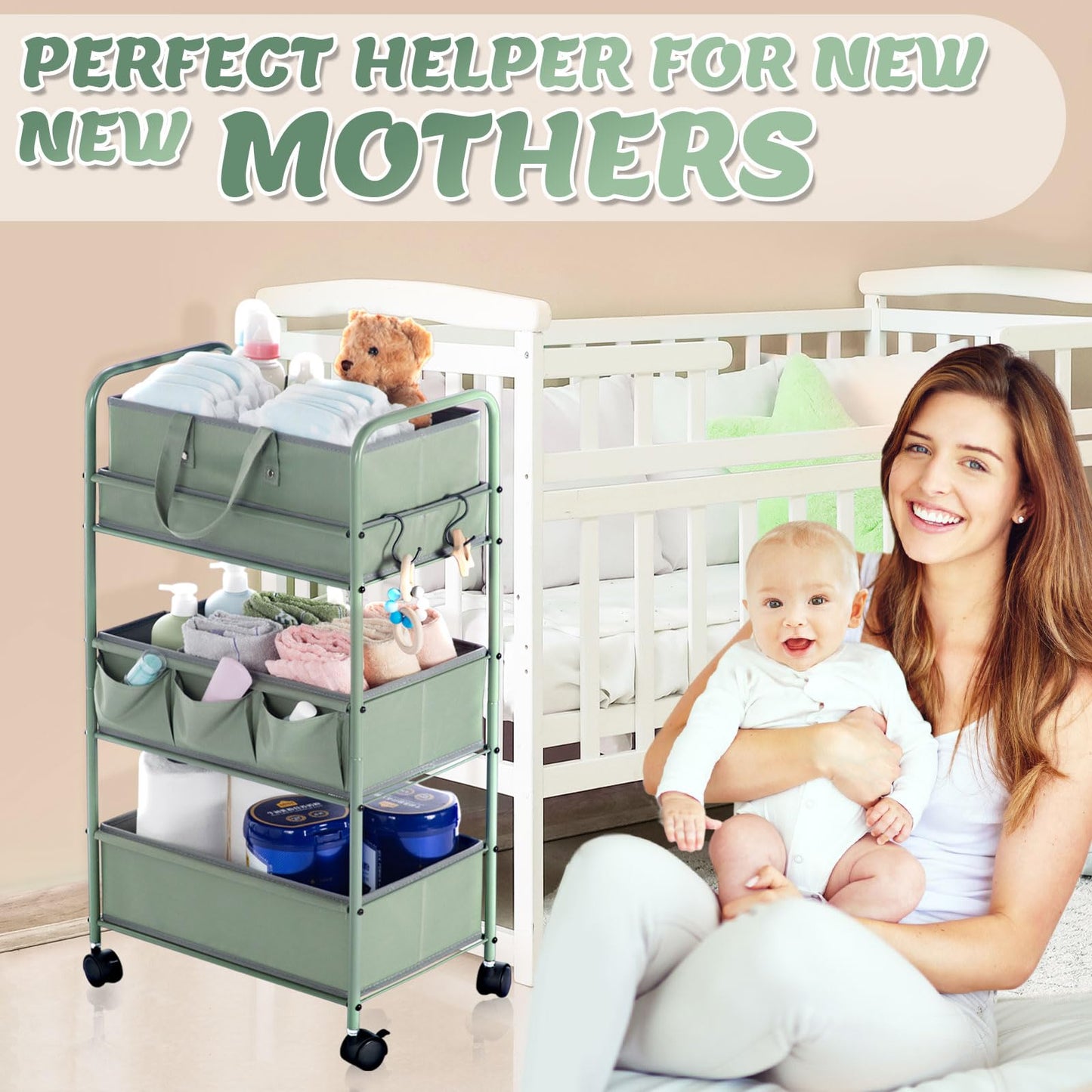 Honeydak 2in1 Baby Diaper Caddy Organizer Cart 3 Tier Large Capacity Metal Utility Bedside Rolling Cart with Divider Newborn Registry Nursery Essential Must Have Crib Bedroom Baby Shower(Green)