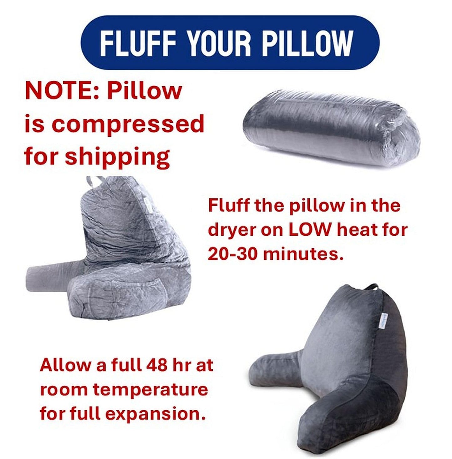 ComfortSpa Reading Pillow for Bed Adult Size, Back Rest Pillow with Arms, Pockets and Washable Cover; Use as a Back Pillow for Bed Sitting Up for Bedrest or Relief from GERD Heartburn (Large Grey)