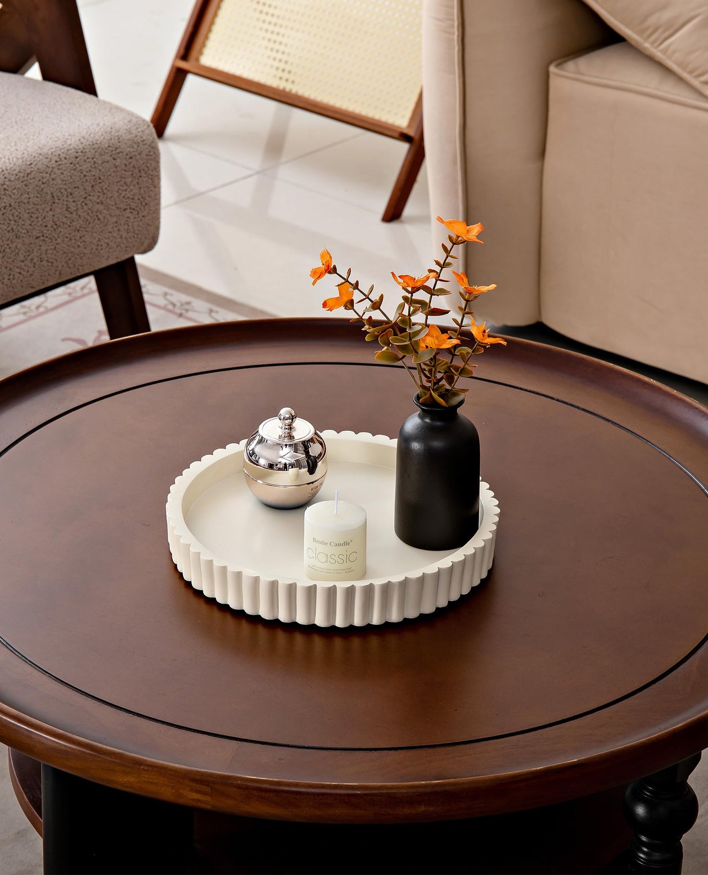 Zielozod Round Decorative Tray for Coffee Table, Modern Round Coffee Table Tray for Home Decor, Table Centerpieces Serving Tray for Living Room,Dining Room, Kitchen Island（Off-White）
