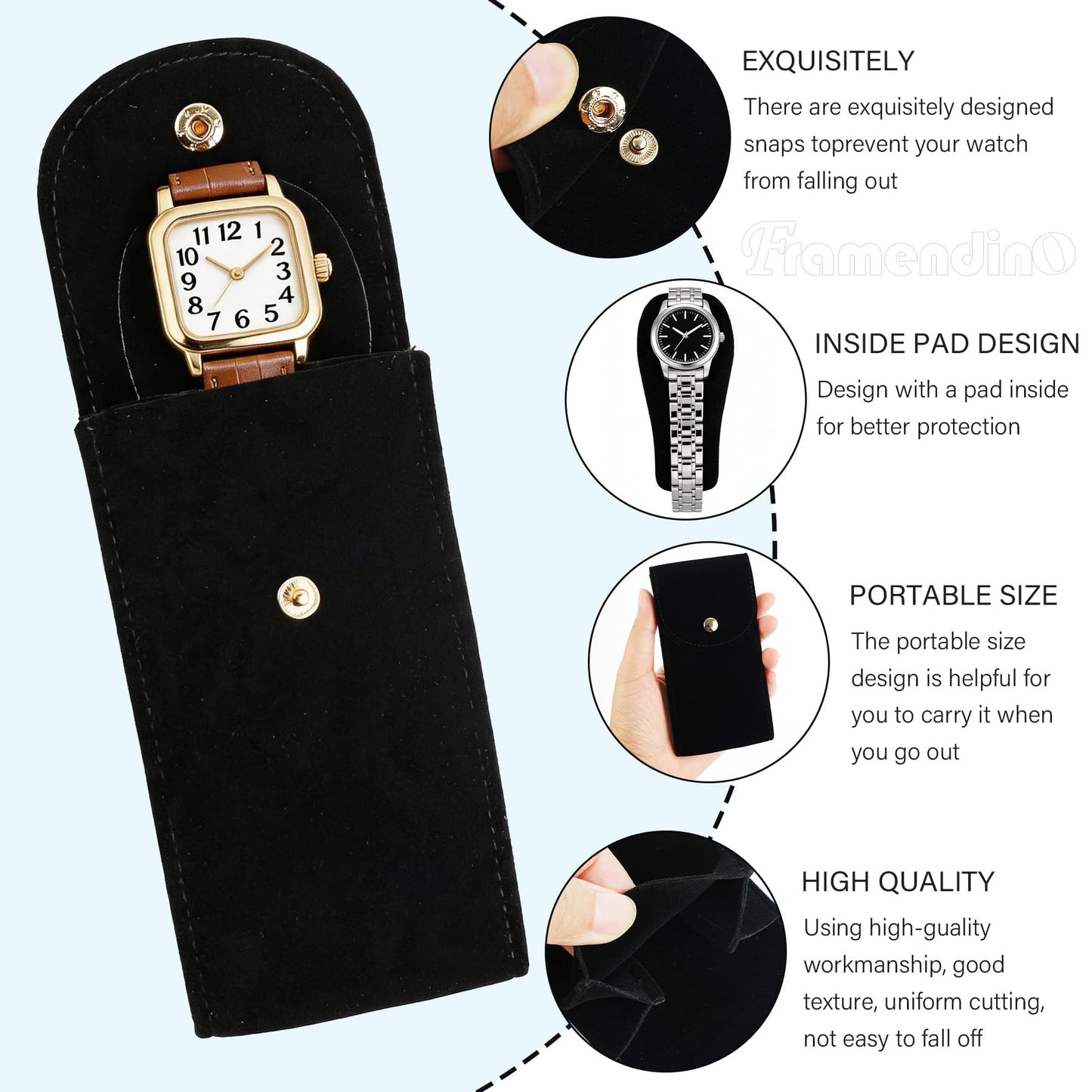 Framendino, 6 Pack Velvet Watch Pouch Portable Travel Case for Men Women Storage Bag Organizer Protective Box Black
