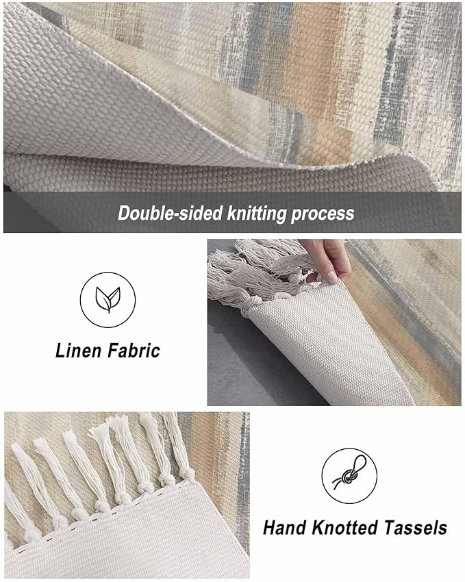 Beige Gray Brown Large Runner Rug 4X6 Ft Living Room Area Rug, Washable Woven Abstract Ombre Art Throw Carpet with Tassel, Non-Shedding Vintage Minimalist Gradient Aesthetic Bedroom Office Carpets