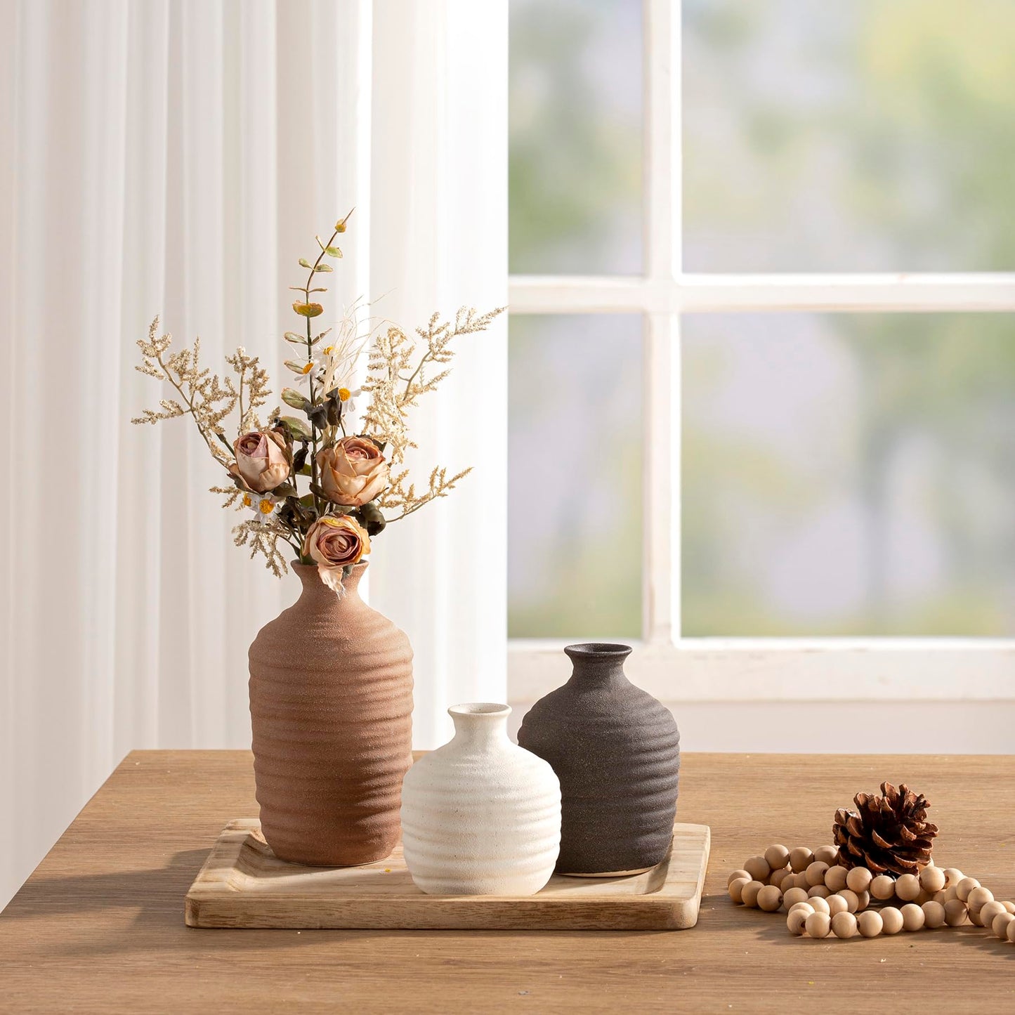 Dobbyby Ceramic Vase Set of 3 Decorative Vase for Home Decor Modern Farmhouse Decor Pottery Neutral Vases for Living Room Bathroom Table Mantel Fireplace Entryway Shelf (02-Brown)