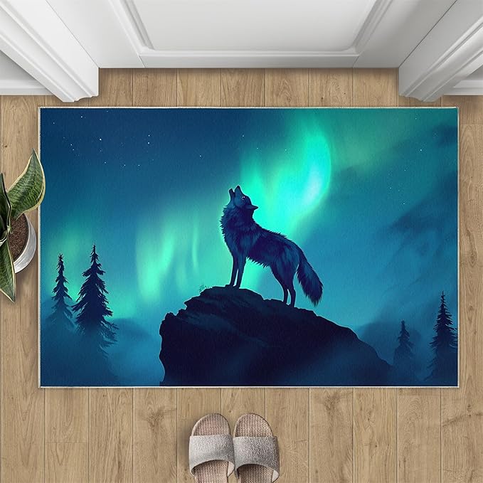 Wolf 5x6 Area Rugs for Living Room -Forest Washable Rug Aurora Non-Slip Carpet Indoor Floor Stain Resistant Thin Carpets for Bedroom Dining Room Home Office