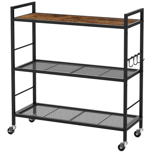 XIVIRACK 3-Tier Metal Storage Rack with Industrial Wheels,Mesh Shelving Unit with Wooden Table top,Adjustable Shelf,31.5-Inch Width, for Kitchen, Laundry,Pantry,Plant,Black