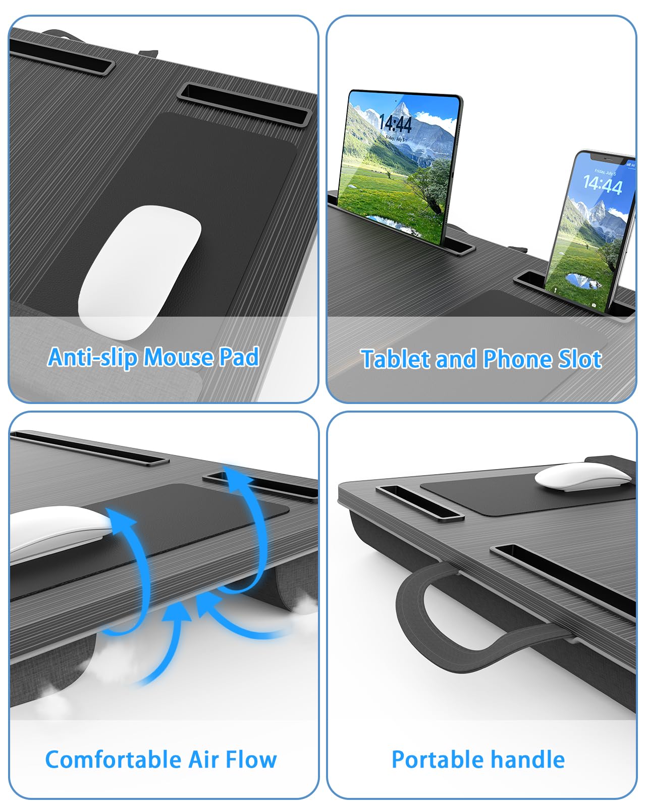 HETTHI Laptop Lap Desk, Portable Large Laptop Desk for Bed, Up to 17 Inch Lap Pad Tray with Wrist Rest, Mouse Pad, Tablet Phone Slot, Portable Handle, Cushion (Black)
