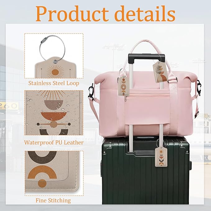 Boho 3 Pack Luggage Tag for Suitcase, Leather Bag Tags with Privacy Cover ID Label and Durable Steel Loop for Cruise Airport Travel