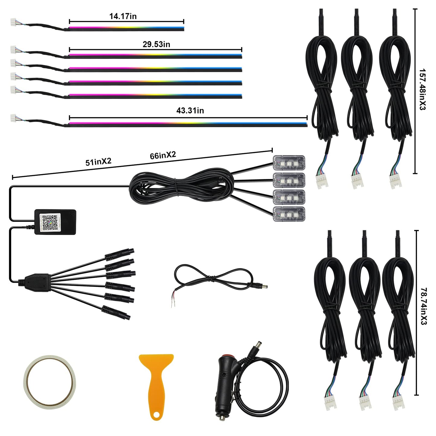 Acrylic Interior Car LED Strip Light RGB Dreamcolor 10 in1 with Wireless APP, 175 inches 593 LED 16 Million Color Fiber Optic Automotive Ambient Light Kits Music Sync Sound Activated Car Neon Lights