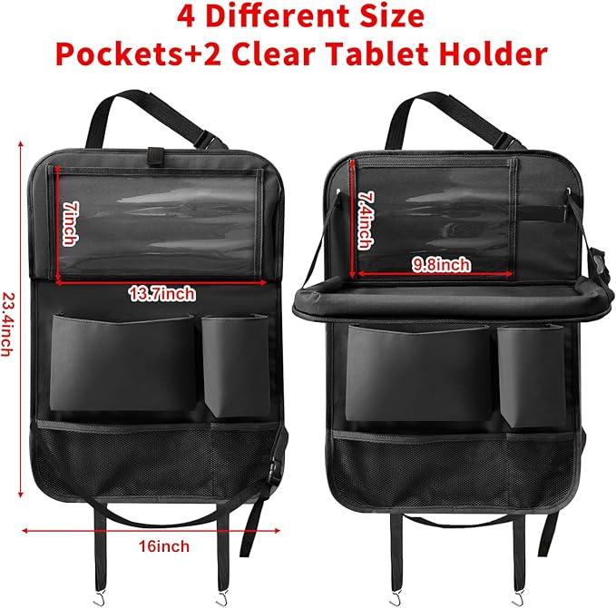 Etre Jeune Car Backseat Organizer with Tablet Holder, 6 Storage Pockets Foldable Table Tray Seat Back Protectors Kick Mats Travel Accessories, 2 Pack Black