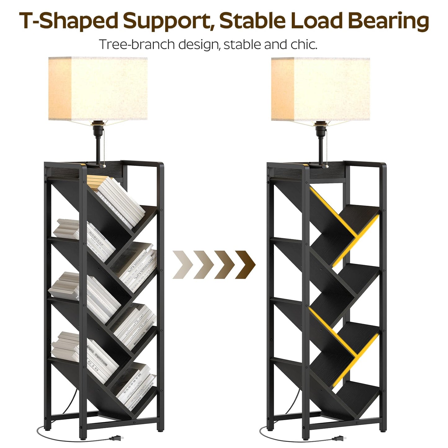 YATINEY Tree Bookshelf with Light, 6-Tier Book Shelf, Wooden Bookcase for Narrow Space, Floor Standing Tall Bookshelf, Modern Corner Display Shelf, Black SJ08DBB