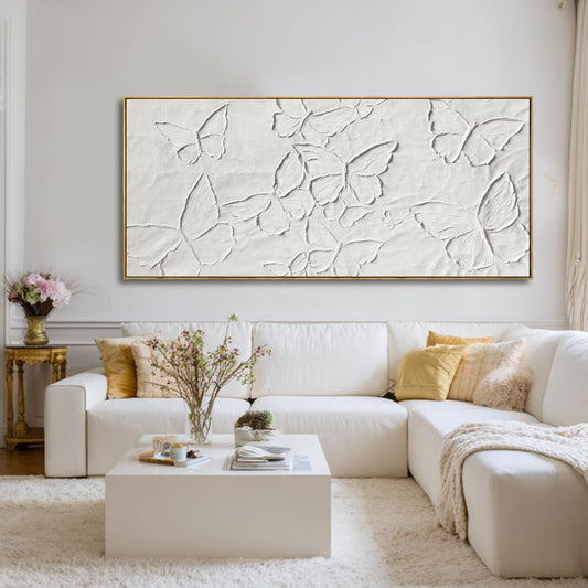 Hand-painted Butterfly Canvas Wall Art, 32x70 Inch White Abstract Framed Artwork for Living Room Decor