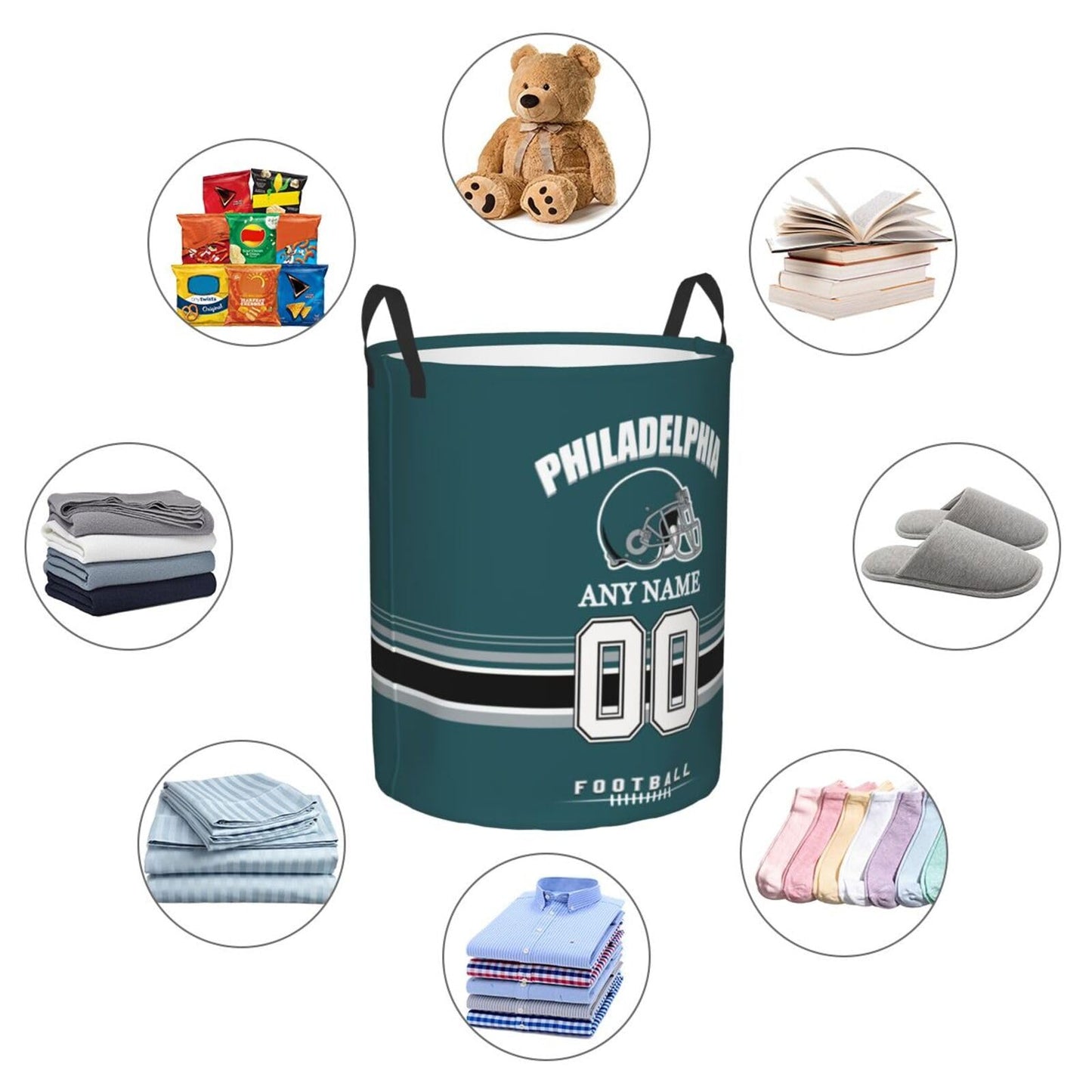 Philadelphia Laundry Hamper, Personalized Football Style Laundry Basket, Custom Name and Number Collapsible Storage Basket with Handle Gift for Bedroom Bathroom