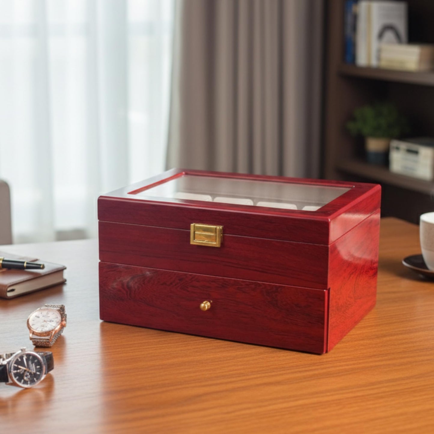 Craftilux High End 20 Slot Rosewood Watch Box for Men, 2 Tier Watch Organizer with Glass Display Lid, Velvet Lined Watch Case Storage for Up to 45mm Watches, Luxury Watch Holder Gift for Collectors