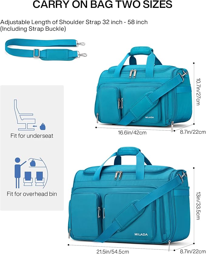 MILADA Carry On Luggage Bags for Travel Large Foldable Duffle Bag for Travel Lightweight Personal Bags for Airplanes Weekend Overnight Bags for Women Mens Travel Bag, Caribbean Blue