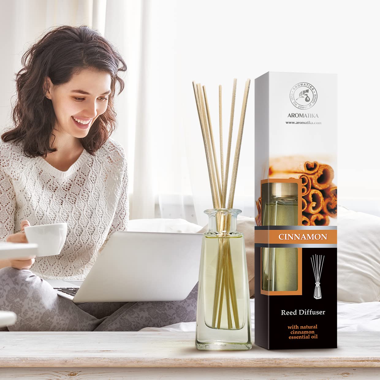 Reed Diffuser Cinnamon 3.4 Fl Oz(100ml) - Room Diffuser with Cinnamon Essential Oil - Home Fragrance - Aromatherapy Air Freshener - Oil Diffuser - Scented - Cinnamon Aroma