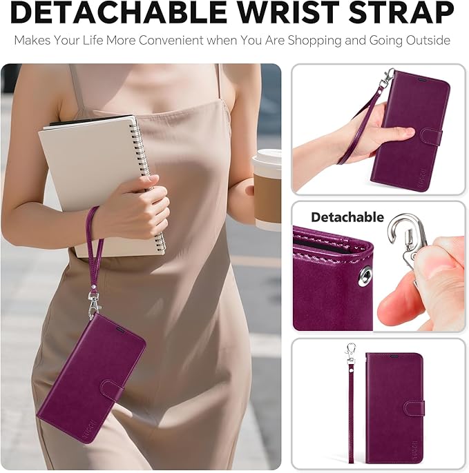 TUCCH Detachable Case Wallet for iPhone Air (6.5") 2025, Wrist Strap | 4 Card Slots RFID Blocking | Wireless Charging | Stand | 2-in-1 Magnetic | PU Leather | Shockproof Folio Cover | Plum Purple