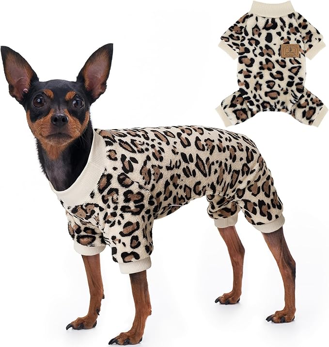 XPUDAC Fleece Dog Pajamas Leopard Dog Sweaters Winter Puppy Clothes for Small Medium Dogs Boy Girl Pet Jumpsuits Doggie Outfits for Christmas, XL