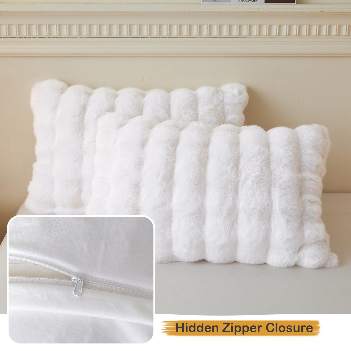 LIFEREVO 2 Pack Fluffy Faux Rabbit Fur Pillow Cases, Luxury Soft Plush Shaggy Bubble Pillowcases Standard Size with Zipper Closure, Furry Fuzzy Long Pillow Shams for Bedroom Living Room 20x26, White