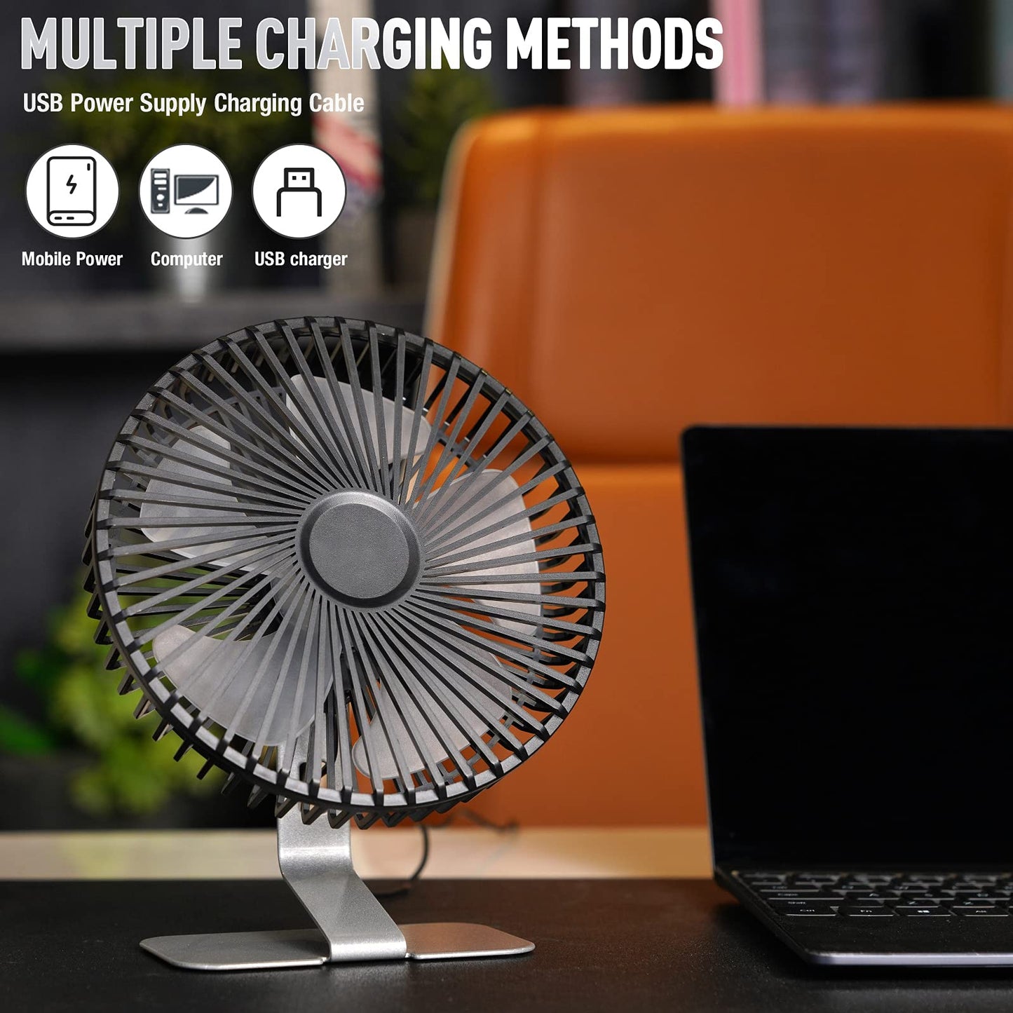 SLENPET 6 inch USB Small Desk Fan, 4 Speeds, Ultra-quiet, 90° Adjustment for Better Cooling, Portable Mini Powerful Desktop Table Fan, Mini Personal Fan for Home Office, Metal Base, Silver