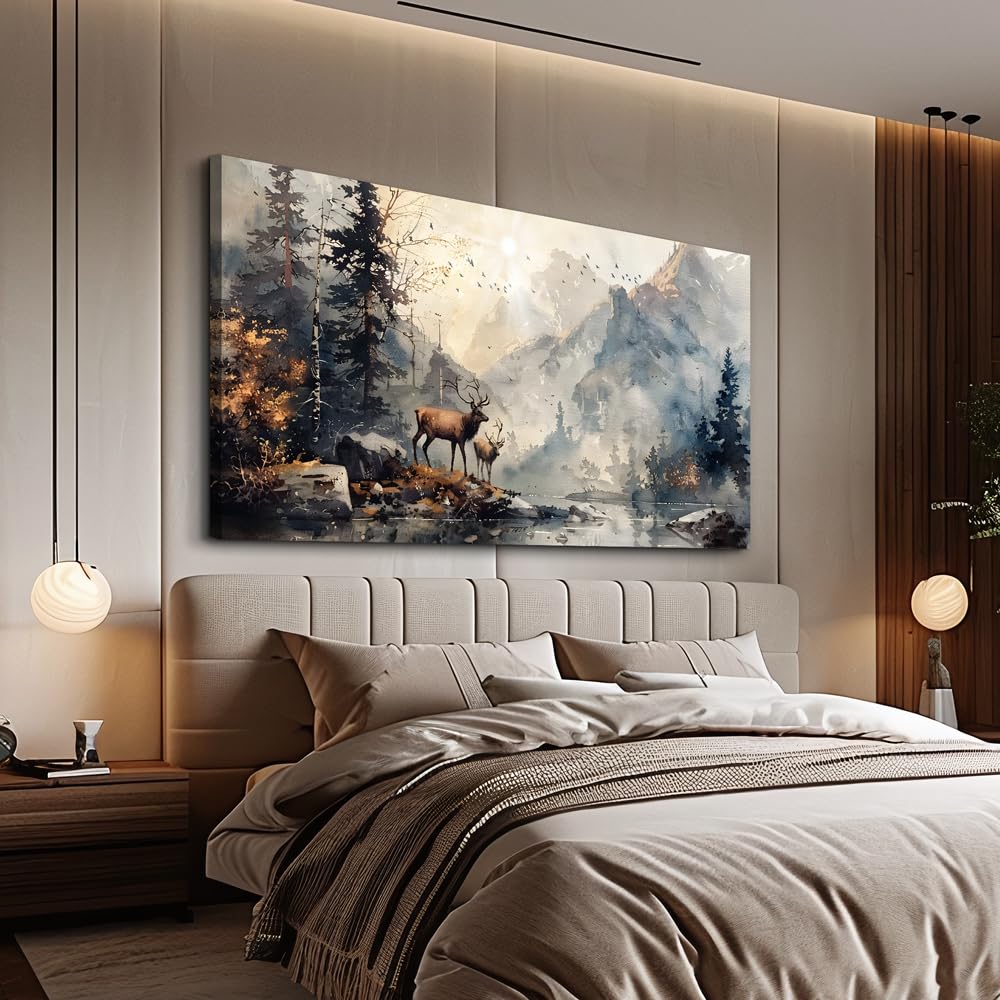 FUHAIHUA Canvas Wall Art For Living Room Large Wall Decor For Office Bedroom Wall Pictures Mountain Forest Landscape Ink Paintings Modern Poster Prints Artwork Room Home Decor Deer Mural 24x48 In