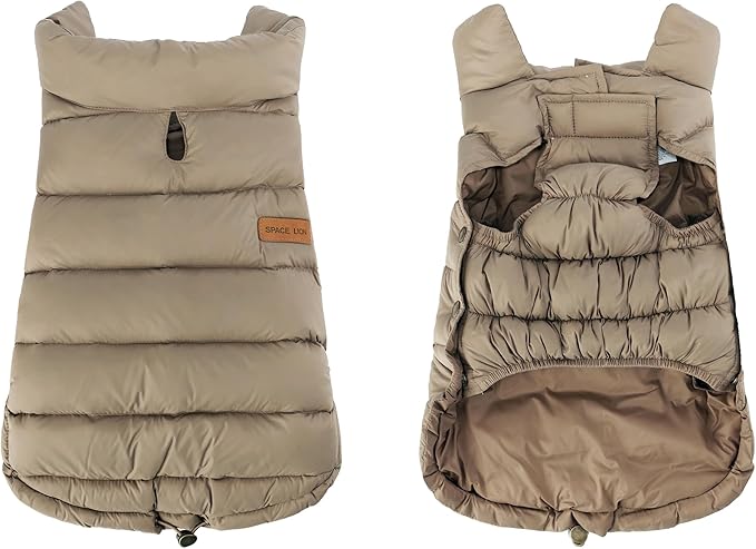 SPACE LION Dog Puffer Jacket, Down Winter Coat, Durable Outdoor Coat for Cold and Windy Conditions, Lightweight & Adjustable Fit Coats for Large Dogs, (Khaki, Size24/2XL)