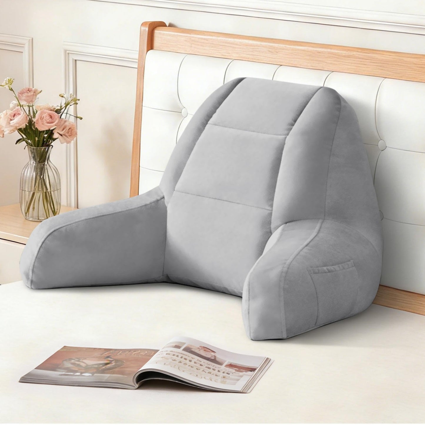 IASEAHK Back Pillow for Bed Sitting Up, Reading Pillows for Beds, Bed Pillow for Sitting up, Backrest Pillows with Arms for Adult, Filled with Shredded Memory Foam for Beds, Couch, Floor, Light Grey