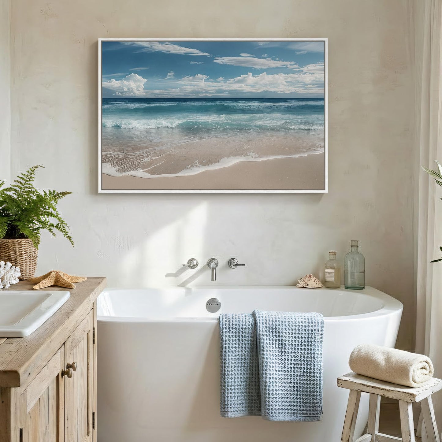 Framed Coastal Beach Wall Art for Room Decor, Blue Ocean Seascape Canvas Artwork for Walls, Nature Nautical Cozy Landscape Picture Print Beach House Wall Decor for Living Room Bedroom Hallway, 24x36