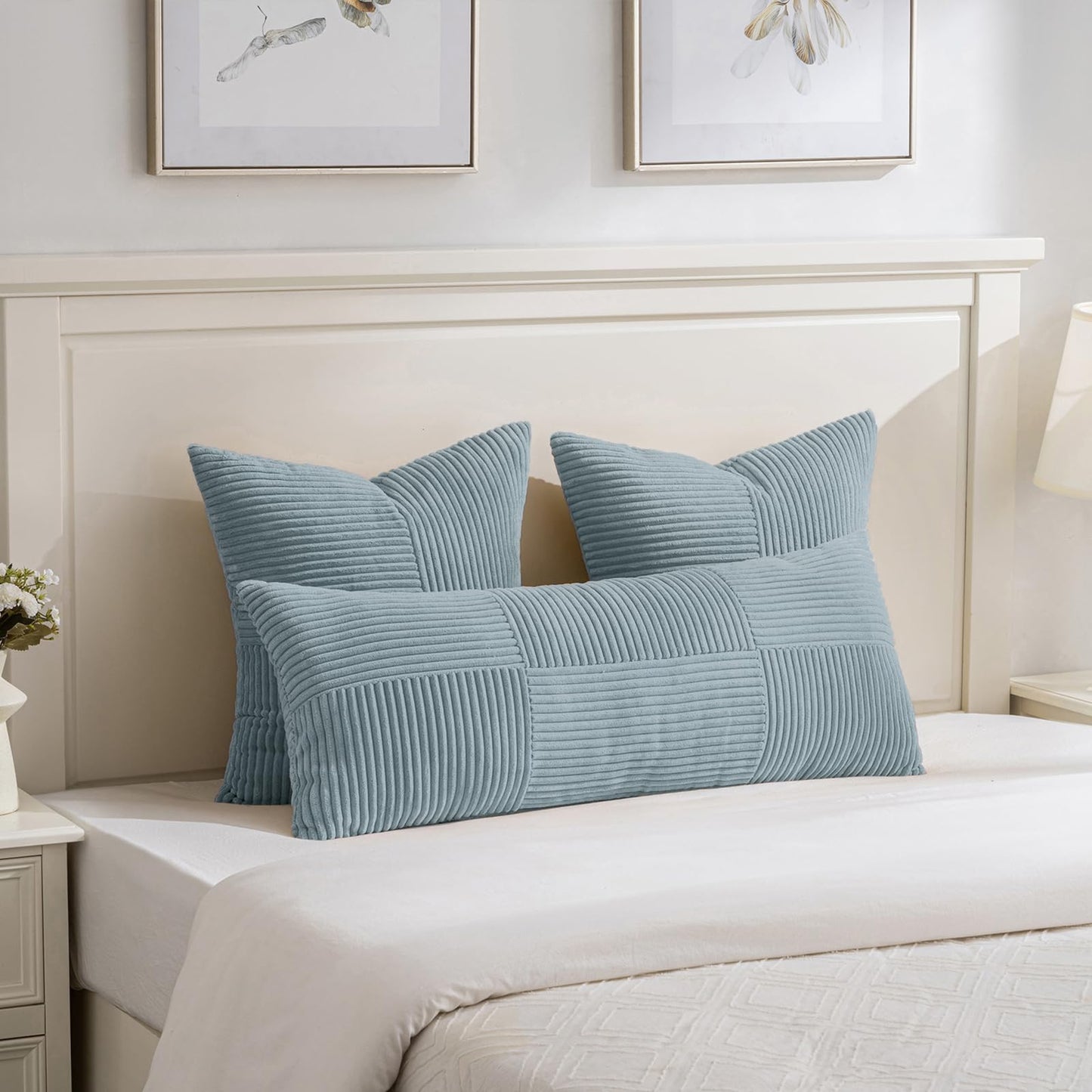 Fancy Homi Set of 2 Light Blue Decorative Throw Pillow Covers 20x20 Inch for Living Room Couch Bed Sofa, Farmhouse Boho Home Decor, Soft Cross Corduroy Patchwork Accent Square Cushion Case 50x50 cm