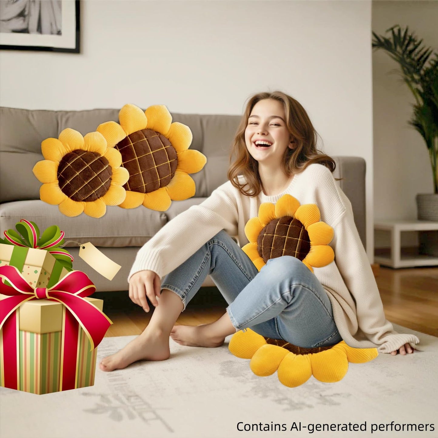 Nmkopzy 2 Pcs Sunflower Throw Pillow for Home Decor, Sunflower Shaped Pillows Large Flower Floor Seating Cushions Chair Pads for Bed Car Couch Office (19 Inch)