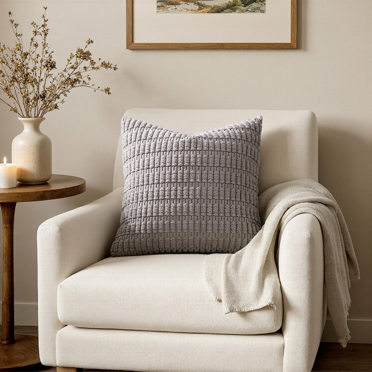 MIULEE Pack of 2 Corduroy Decorative Throw Pillow Covers 20x20 Inch Soft Boho Striped Pillow Covers Modern Farmhouse Home Decor for Sofa Living Room Couch Bed Light Grey