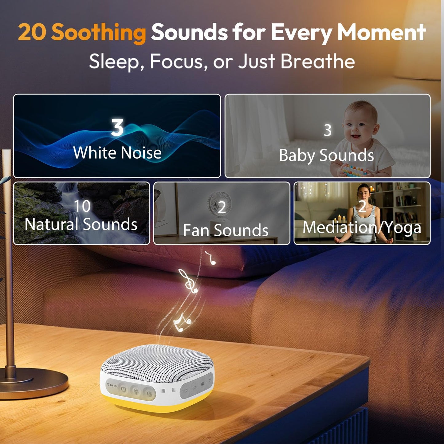 Portable Sound Machine for Travel, White Noise Sound Machine for Sleeping, 52-Hour Lasting Mini Noise Machine with 21 Quality Non-looping Sounds, Headphone Jack, Memory, Timer for Adults,Hotel (White)