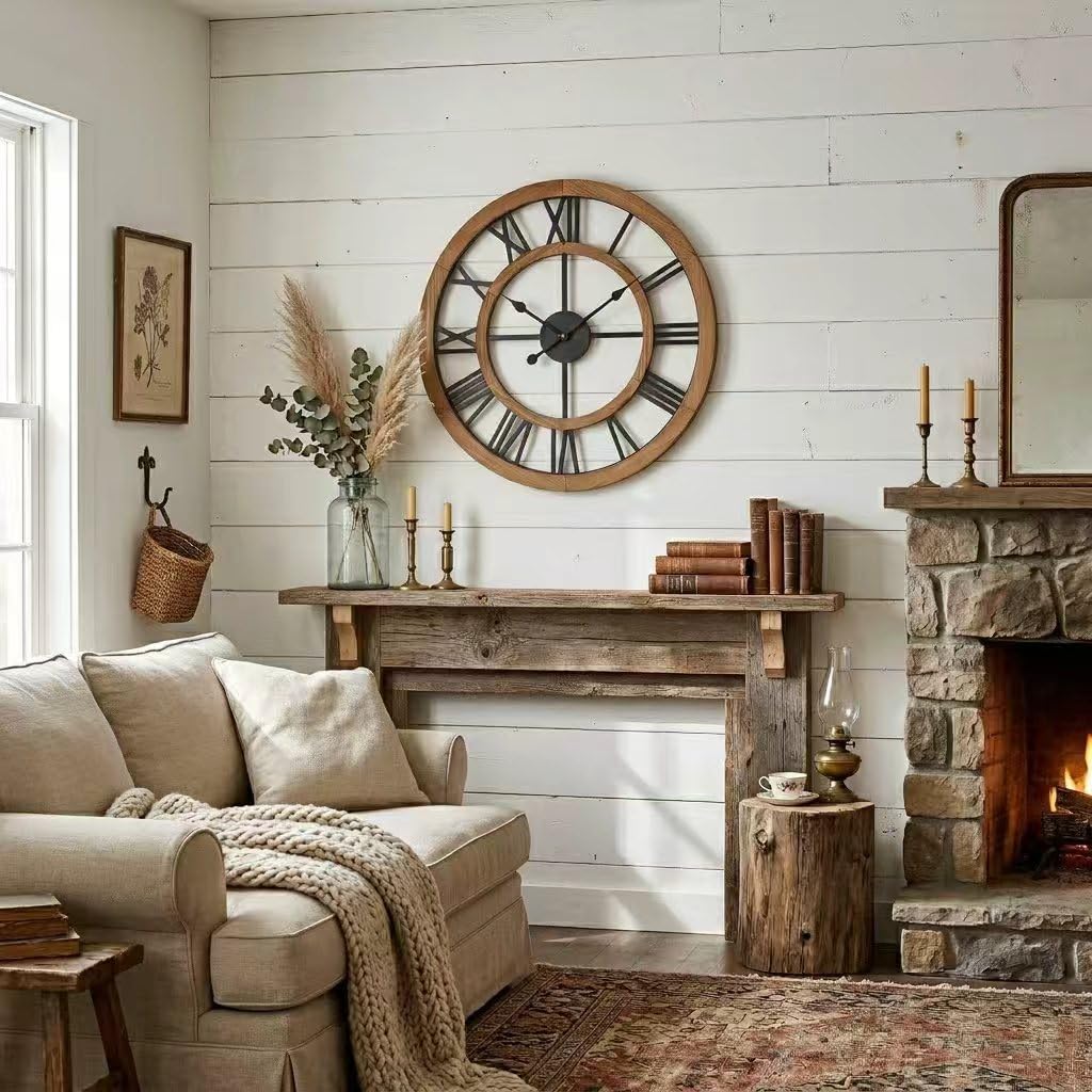 Blueprint Ivy 24 Inch Large Rustic Wall Clock Silent Non-Ticking Wooden Wall Clocks with Roman Numerals Farmhouse Decorative Clock for Living Room Bedroom Office (Brown, 24 Inch)
