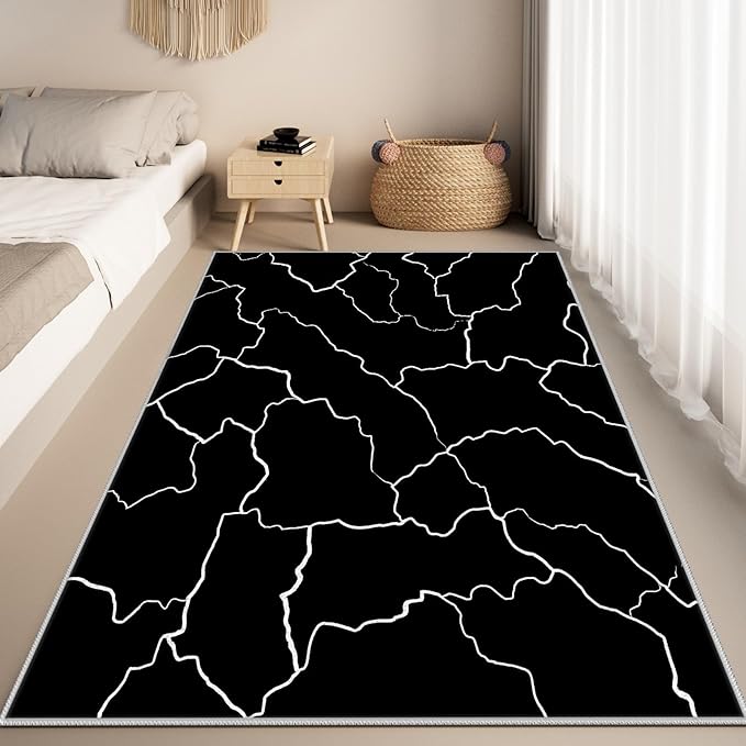 Abstract Rugs for Living Room - Modern Washable Area Rug, 7x9 Abstract Black and White Rug, Minimalist Rugs,Carpet Non Slip Home Decor