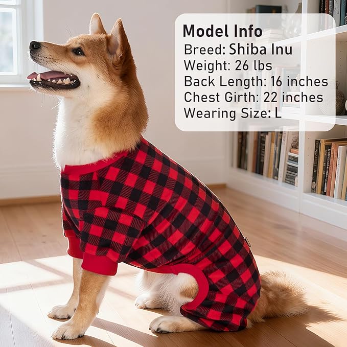 KYEESE Dog Pajamas Velvet Pets Onesie Comfy Pet Costume Soft Dogs Clothes Pet Jammies Red Buffalo Check Pet Pjs Stretchy Dog Pajamas for Small Dogs Warm Pets Outfit,L