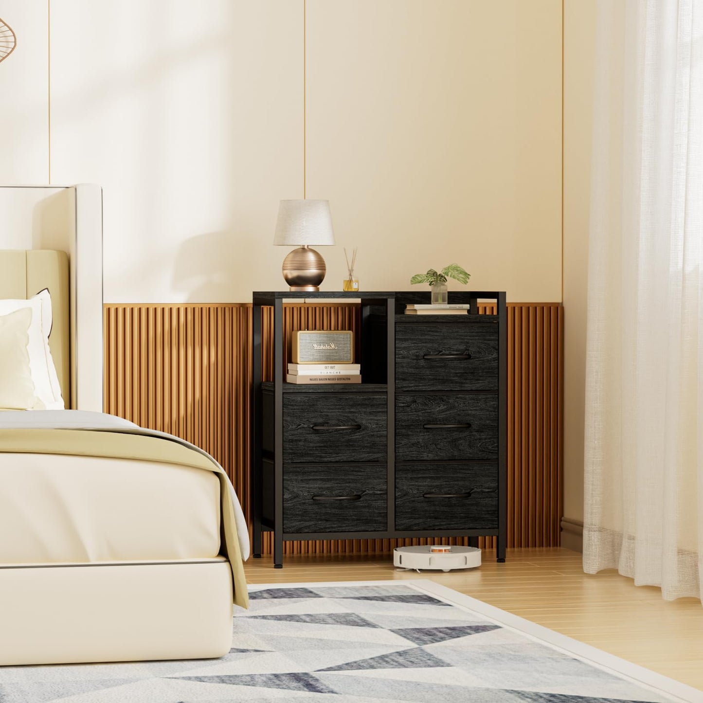 Furnulem 5 Drawer Black Dressers for Bedroom 2 Tier Shelf Storage Small Fabric Dresser for Closet Sturdy Metal Frame Modern Style Storage Cabinets Organization Units for Hallway Rooms