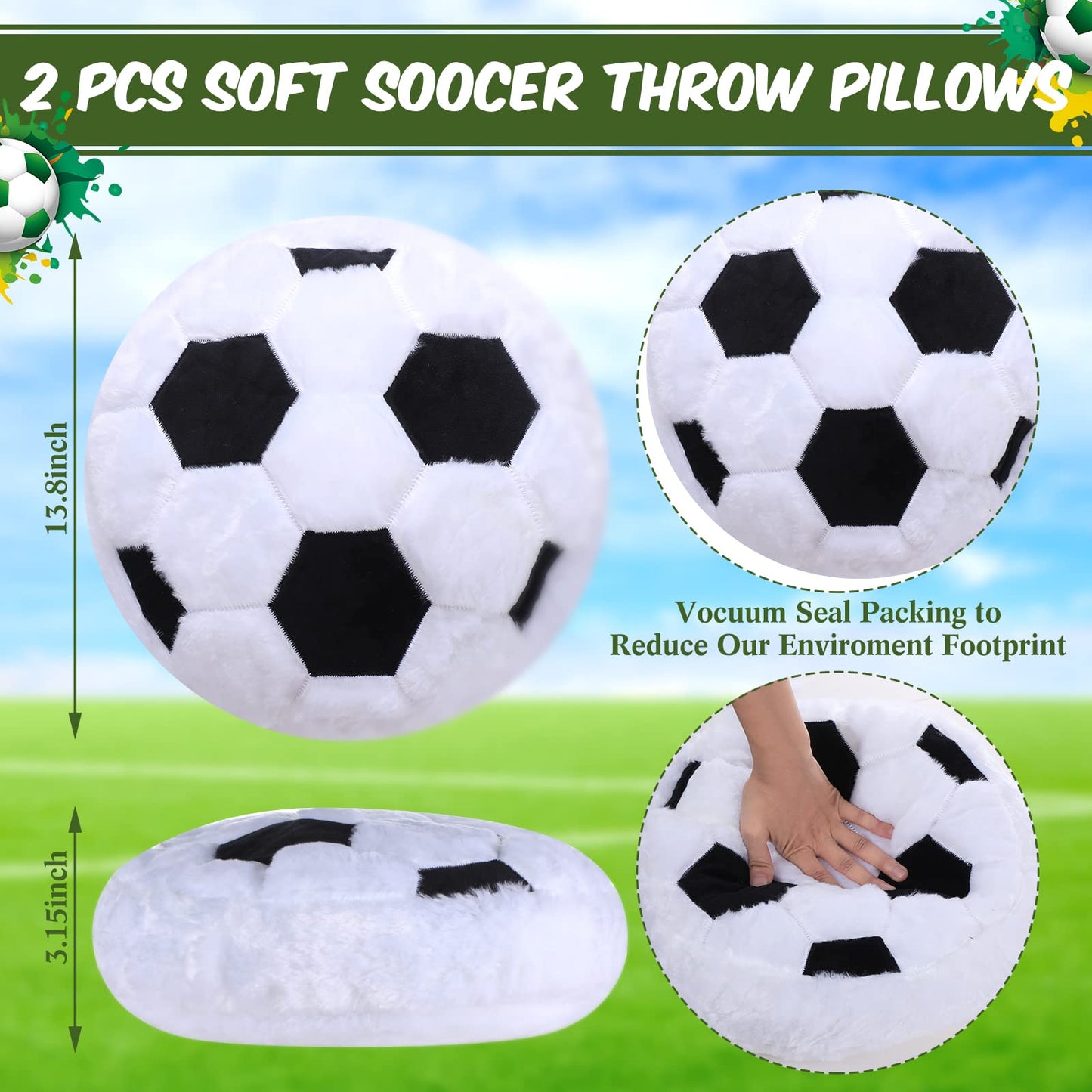 Jetec 2 Pcs Plush Soccer Pillow Fluffy Soccer Room Decor Soft Decorative Throw Pillow Sport Gifts for Bedroom Sofa Playroom