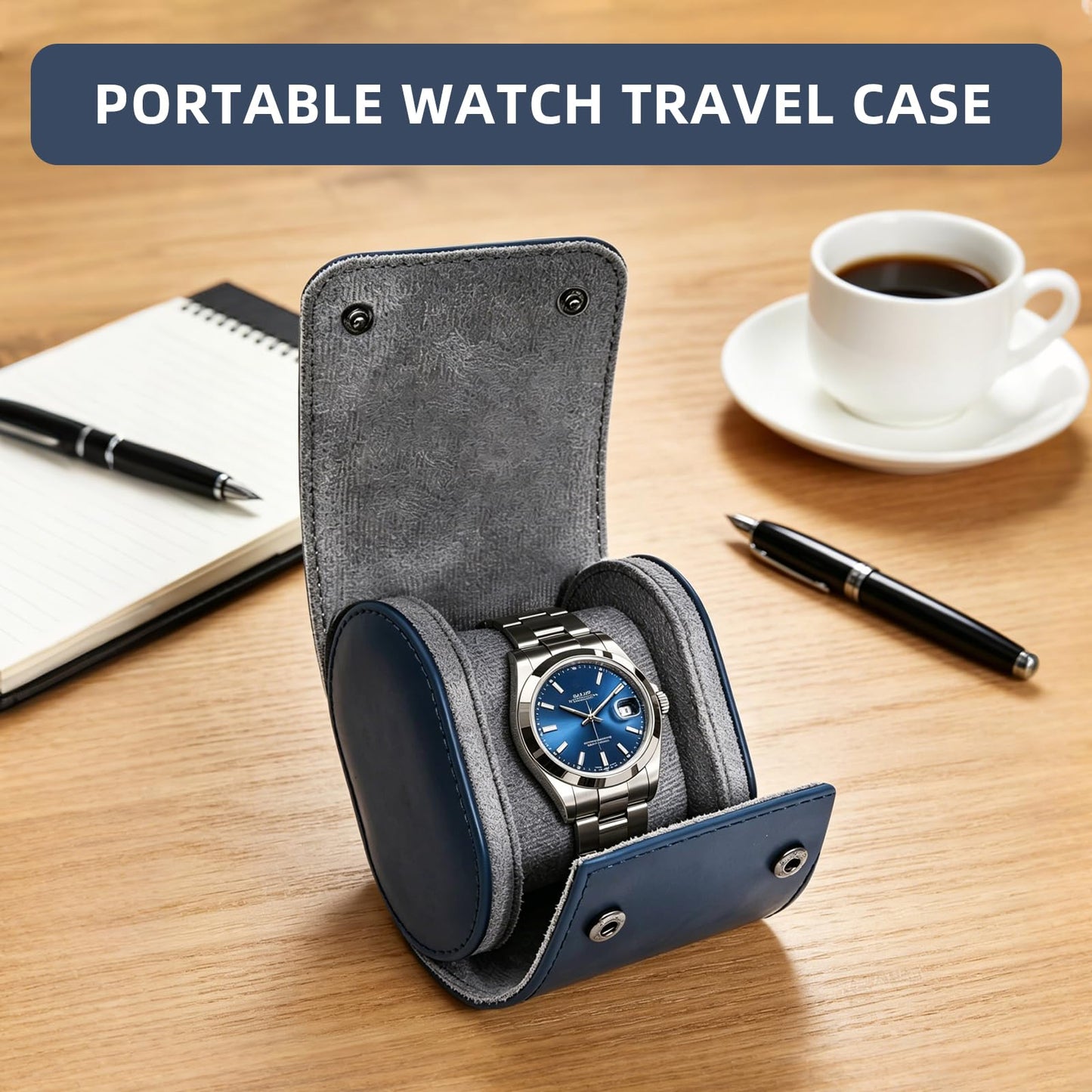 POKOTO Watch Travel Case for Men and Women, Luxury Leather Portable Watch Box Organizer for Home Storage, Travel and Display (Sapphire Blue, 1 slot)