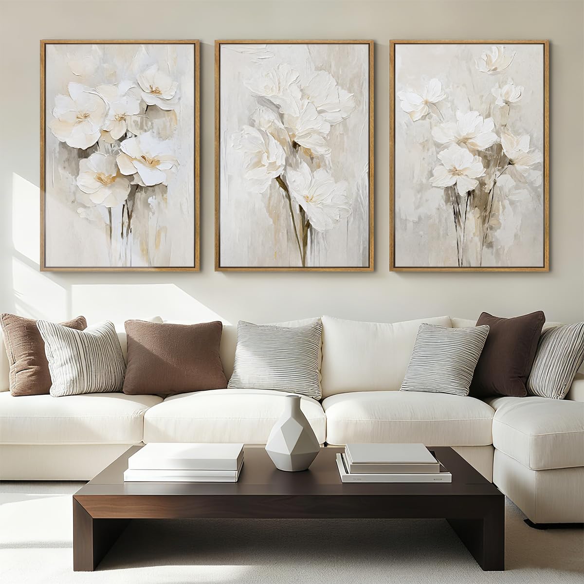 Anyzal Framed Neutral Beige Floral Wall Art Large 16x24 Inch White Cream Flower Canvas Wall Decor Modern Botanical Farmhouse Painting for Living Room Bedroom Dining Room Set of 3